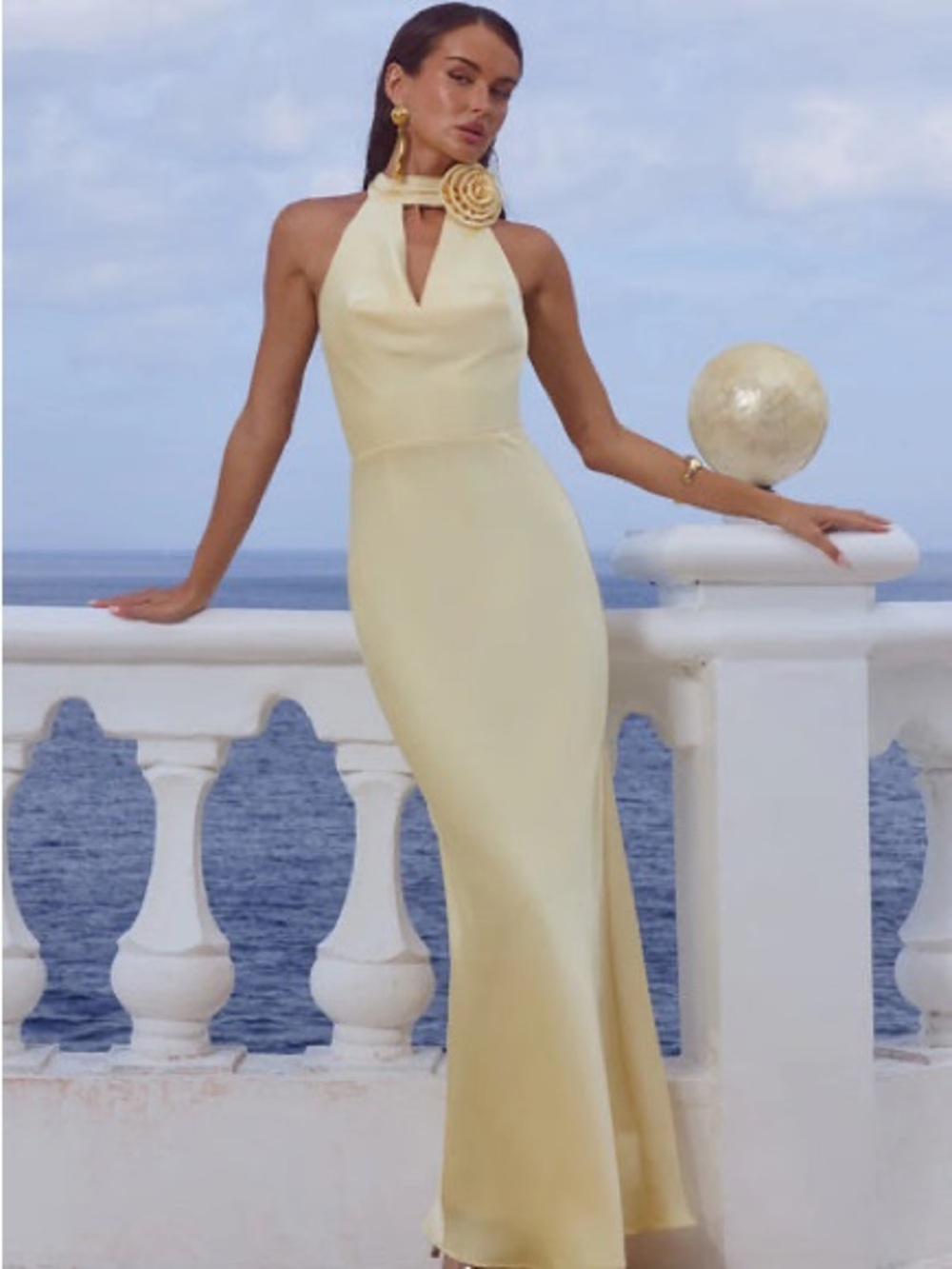 Estelle Cowl Halter Maxi Dress by Runaway the Label In Buttermilk